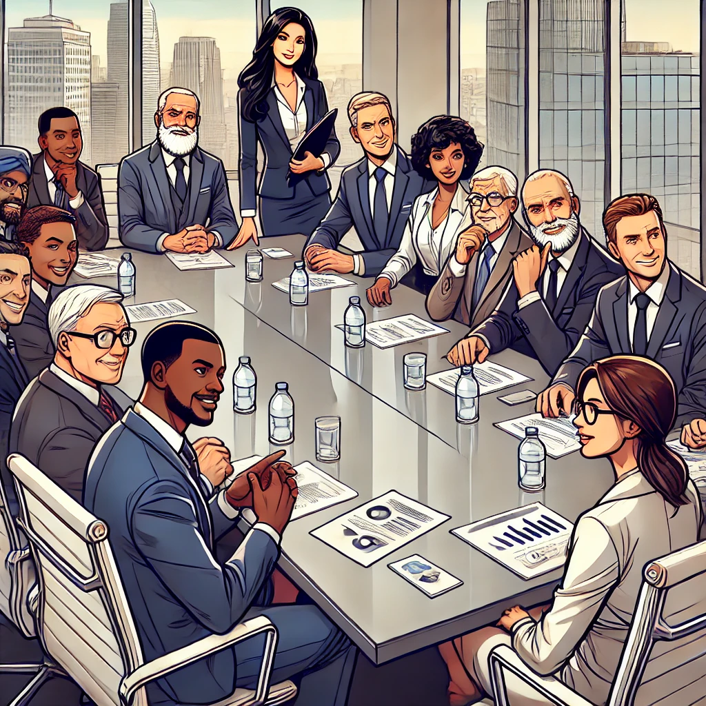A cartoon style illustration of a highly diverse group of high level executives sitting around a conference table engaged in a intense meeting